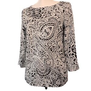 TALBOTS M Black White Paisley‎ Top 3/4 Sleeve Boat Neck Cotton Stretch Classic